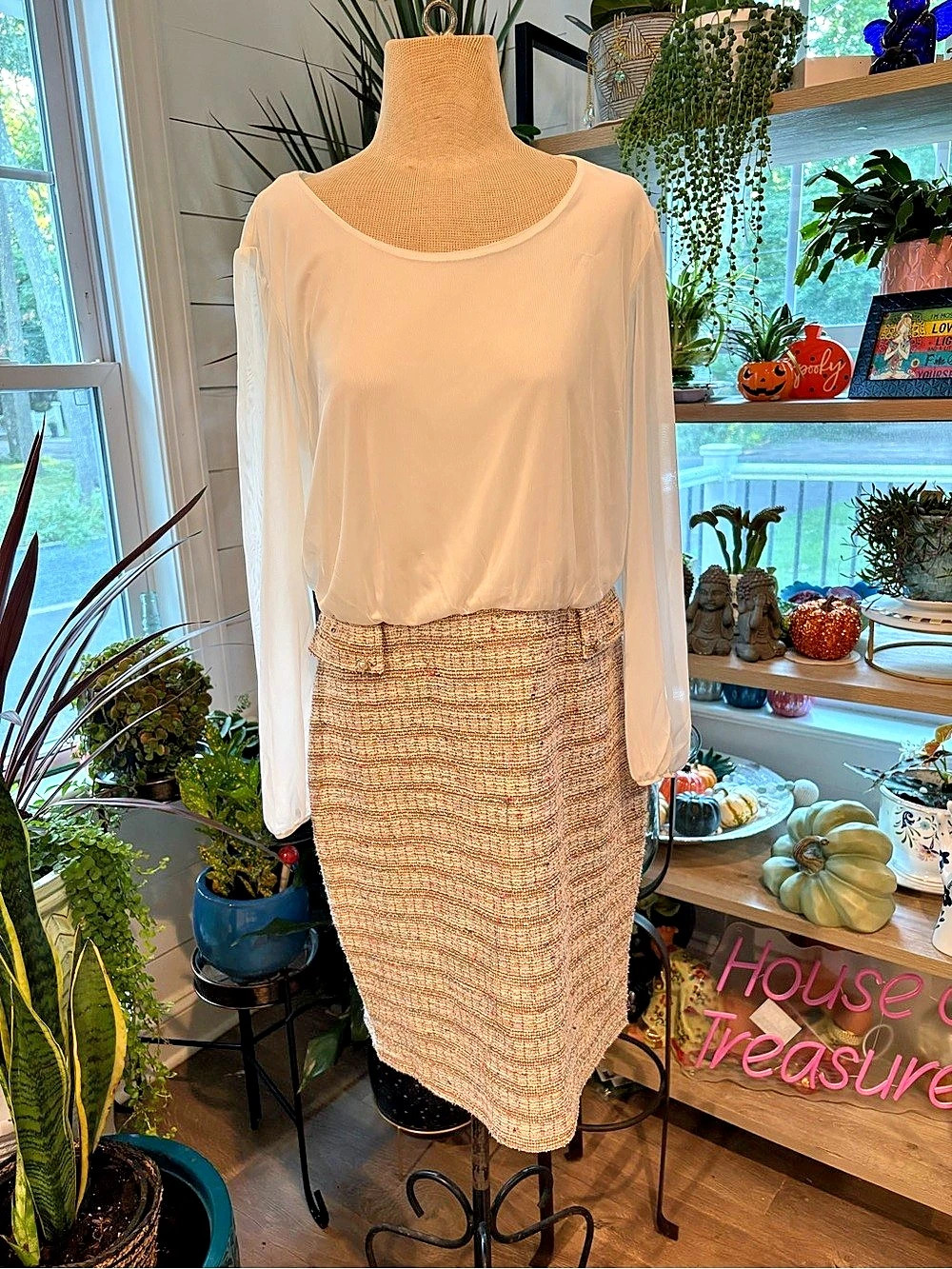 Stella & Julie Long Sleeve Midi Dress in White & Brown Size 12 Like New